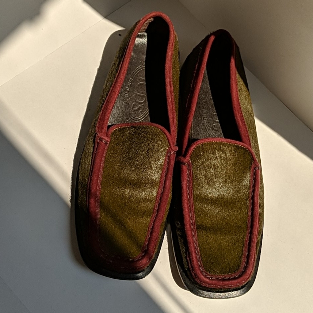 Tod's green ponyhair loafers